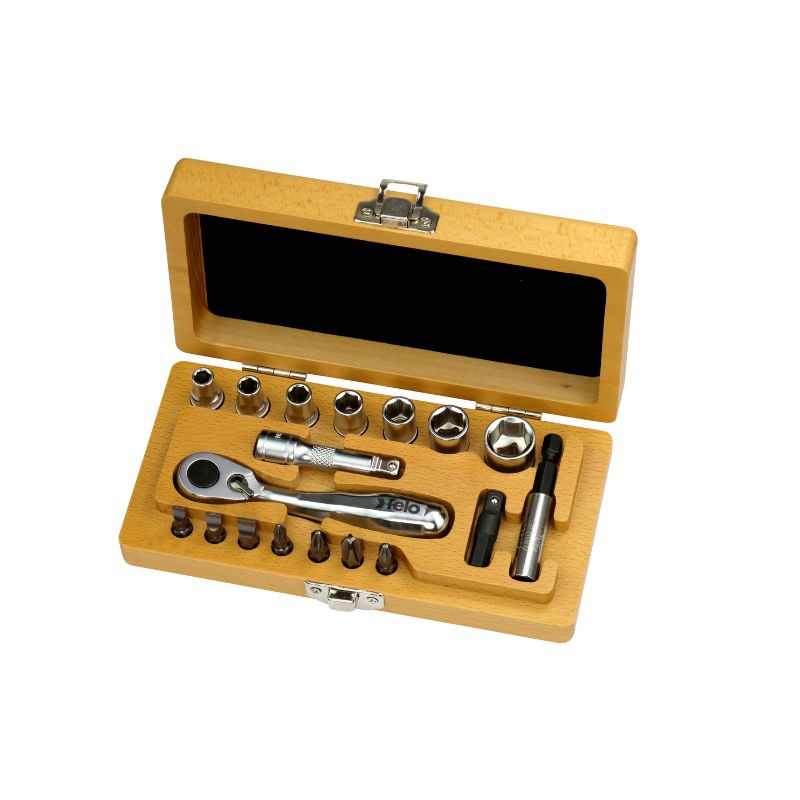 Felo -  XS-18-Classic 1/4 Holz-Werkzeugbox mit Miniratsche 18-tlg. -