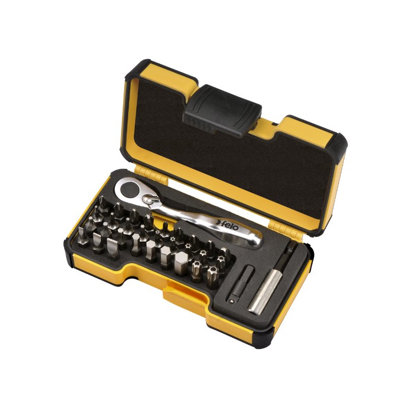 Felo - XS 33 - Werkzeugsatz 1/4 mit Miniratsche, Bits und Zubehör 33 tlg. -