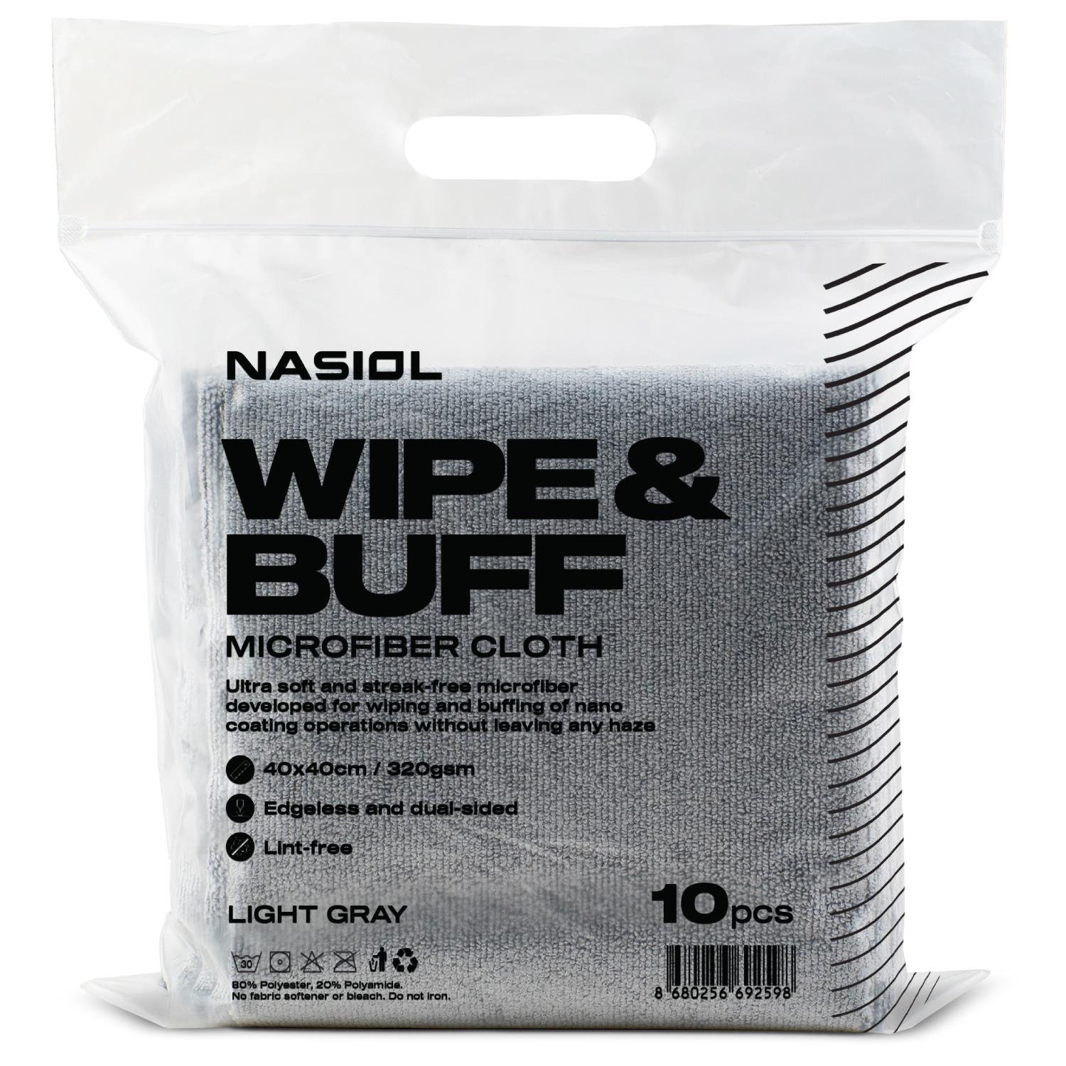 Nasiol Wipe & Buff Mikrofasertücher – 10 Stück (Hellgrau, 40×40 cm, 320 GSM)