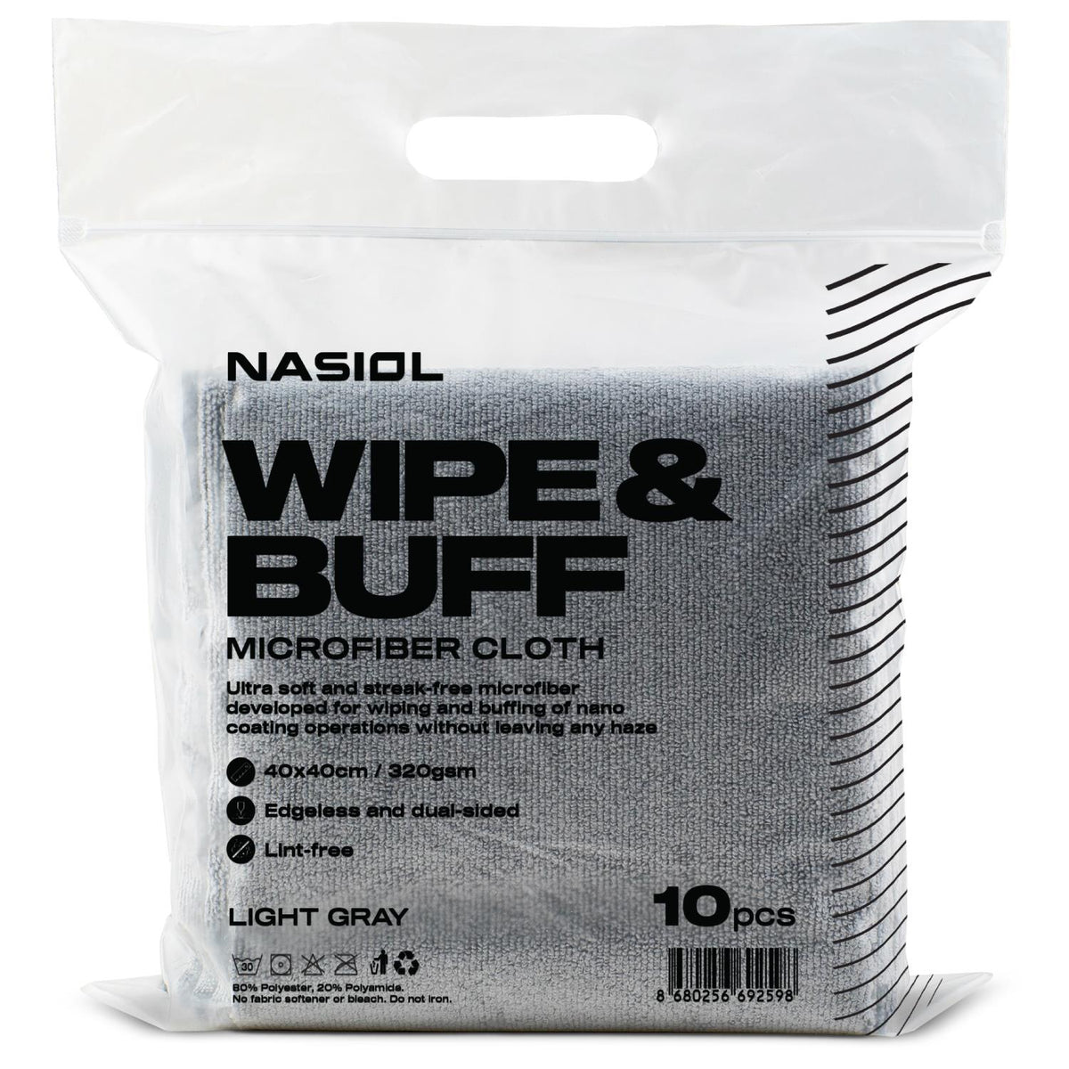 Nasiol Wipe & Buff Mikrofasertücher – 10 Stück (Hellgrau, 40×40 cm, 320 GSM)